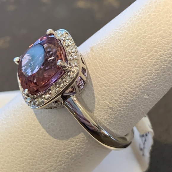 Sterling Silver Synthetic Pink Quartz & Diamond Halo Ring - Picture 2 of 4